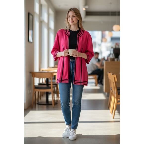 Misook Jacket Short Sleeve Open Front Business Career Pink Black Size Large - Picture 1 of 7